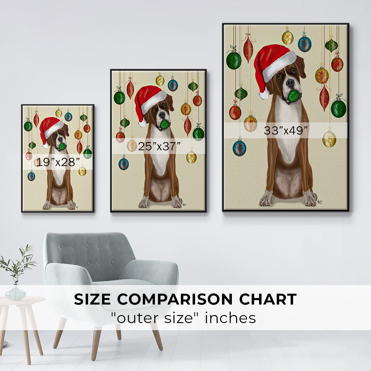 Christmas Boxer and Bauble Ball - Framed Gallery Wrapped Holiday Canvas - 17 x 25 - Black Frame