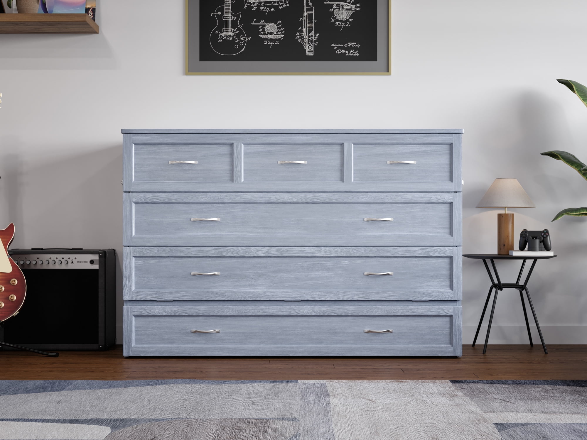 AFI Northfield Queen Wood Murphy Bed Chest with Mattress, Drawer & Charger, Driftwood