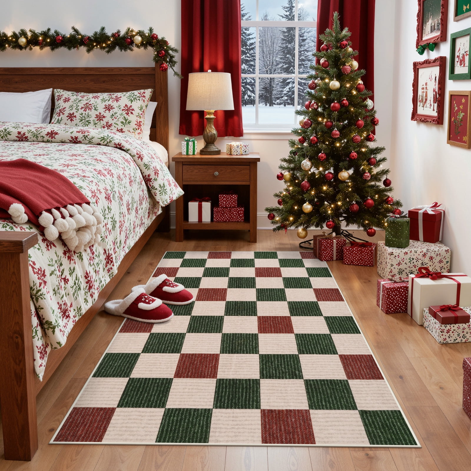 RUG ROBOT 3'x5' Christmas Rugs for Entryway, Washable Non-Slip Checkered Area Rug, Soft Farmhouse Geometric Xmas Holiday Rugs for Bedroom, Living Room Indoor Outdoor Christmas Decor