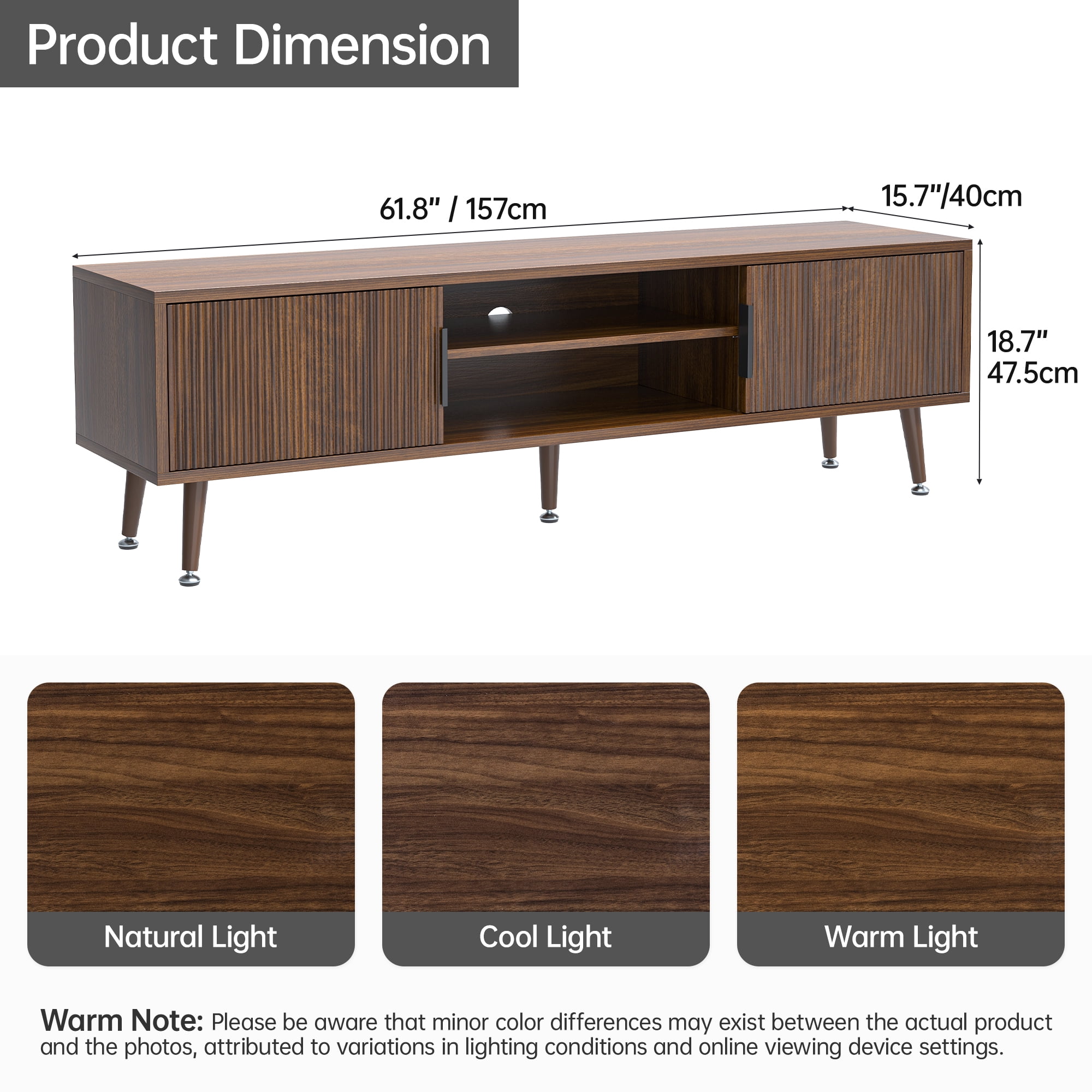 TV Stand for Living Room, Mid Century Modern Entertainment Center for 55/60/65/70 inch TVs, TV Console with Fluted Door Cabinets and Open Shelves, for Bedroom, Living Room, Walnut