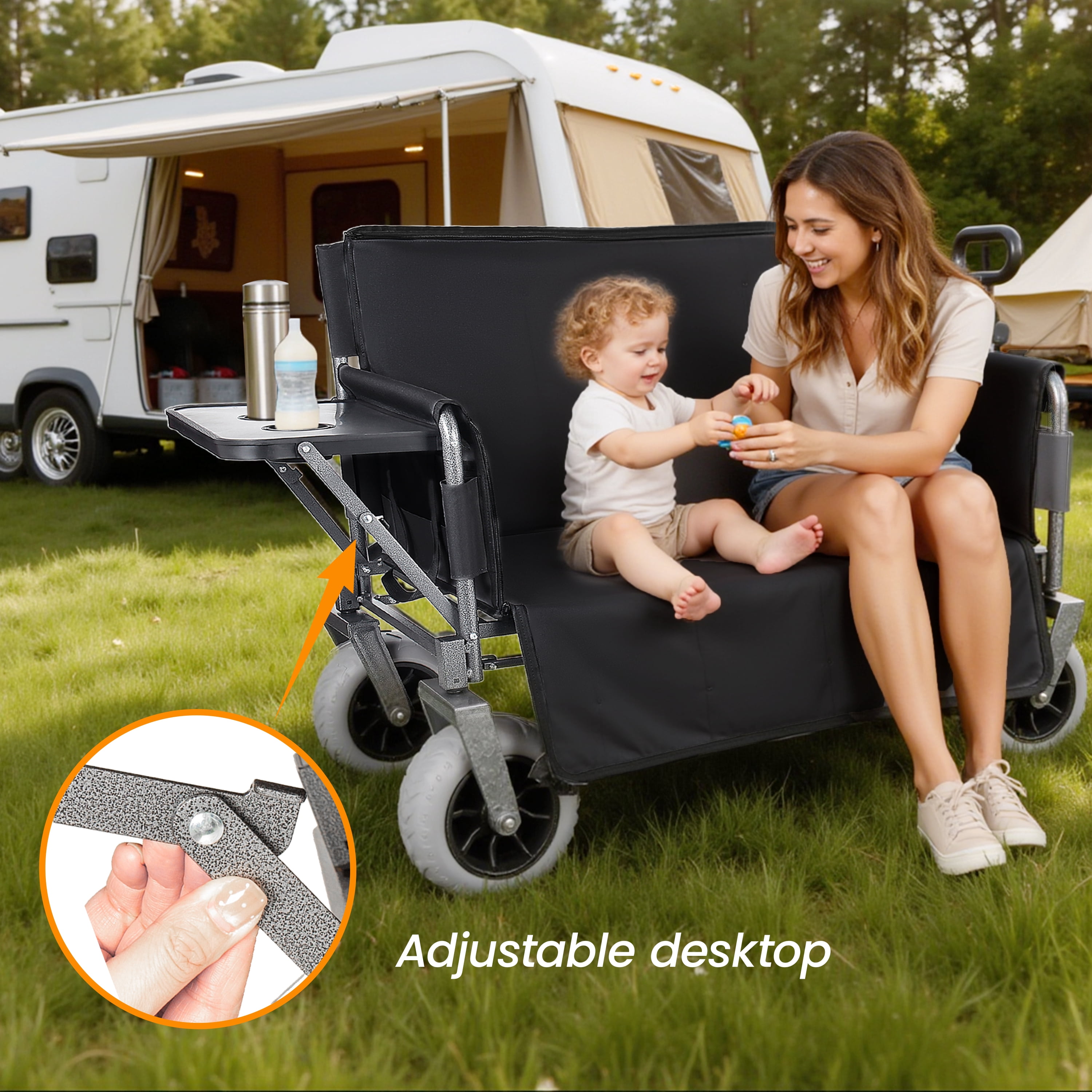 3-in-1 Collapsible Folding Wagon Cart Black, Convertible Bench with Rear Folding Tabletop and Cup Holders, 360°Swivel All-Terrain Wheels for Camping, Beach, Garden, Fishing