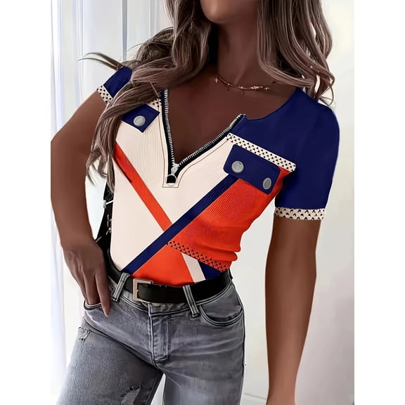 MORTTIC Women's Color Block Zipper T-Shirt, Casual Short Sleeve Summer Top, S