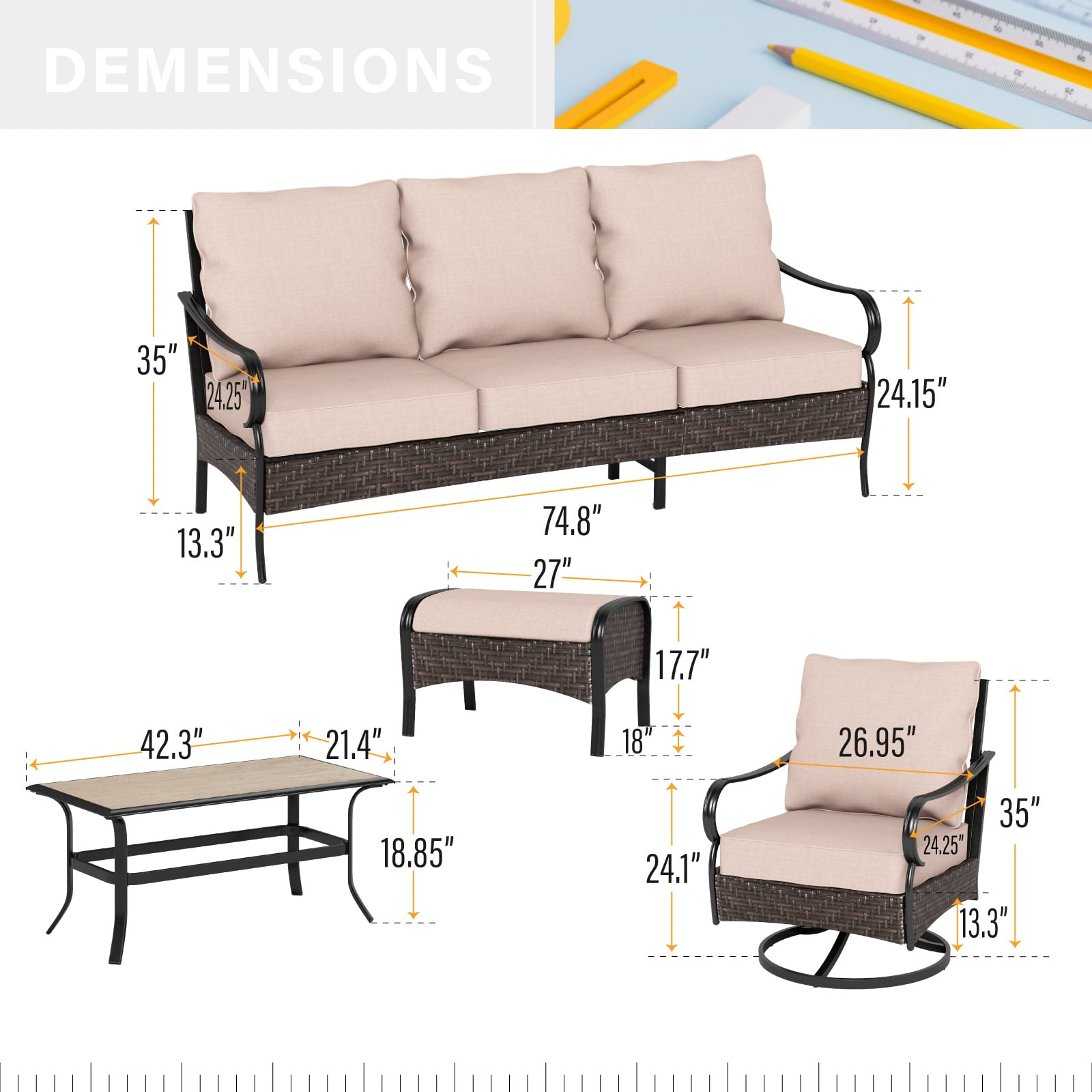 SUMMIT LIVING 6-Piece Outdoor Patio Furniture Set with Swivel Chairs & Ottomans, 7-Seat Outdoor Patio Conversation Set with Cushions, Black & Beige