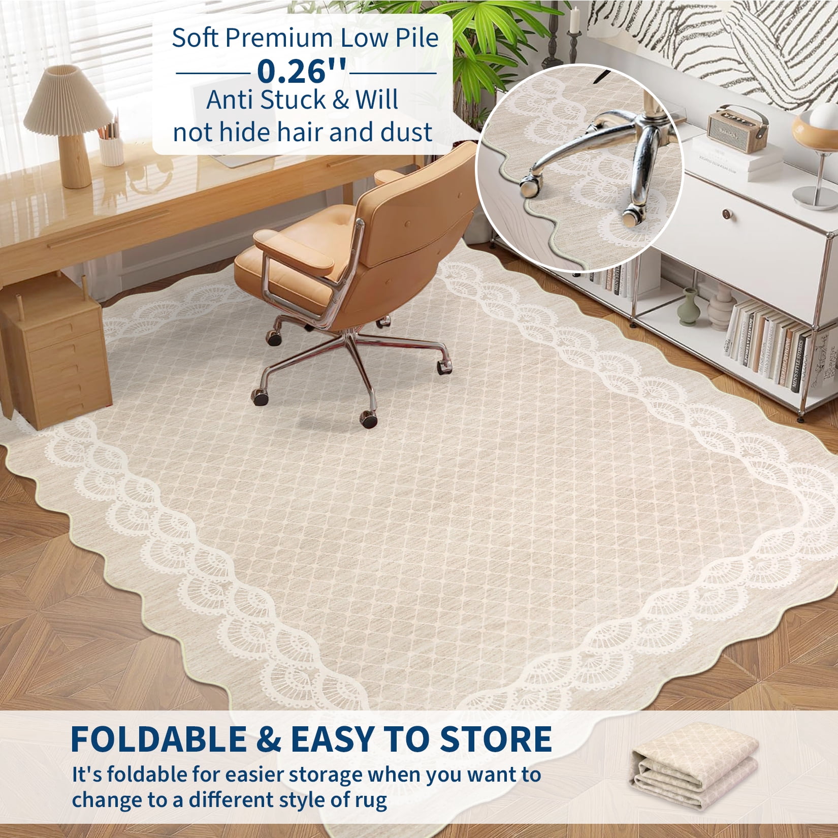 Hasoo Washable Living Room Area Rug 9x12 Large Modern Scalloped Border Non-Slip Soft Foldable Indoor Beige Carpet