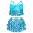 thumbnail image 2 of Doomiva Kids Girls Shiny Sequins Halter Tassel Crop Top with Mini Skirt Set Latin Jazz Salsa Samba Rumba Dance Outfits Light Blue 6, 2 of 5