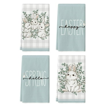 Sm:)e Buffalo Plaid Bunny Rabbit Eucalyptus Leaves Happy Easter Kitchen Towels Dish Towels, 18x26 Inch Hand Towels Set of 4