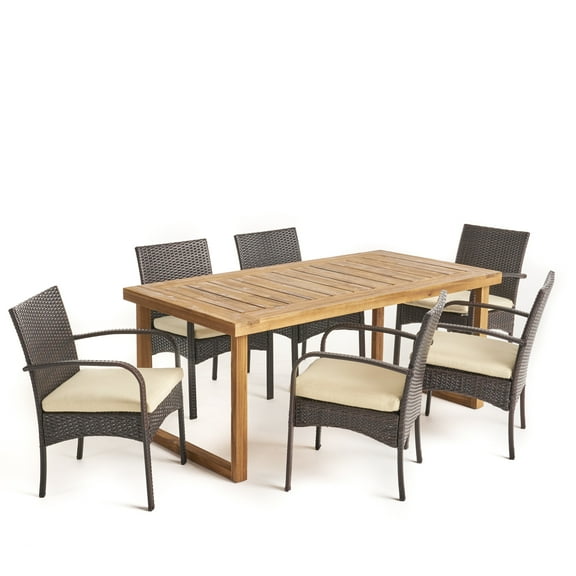Houston Outdoor 6-Seater Acacia Wood Dining Set, Sandblast Natural Finish and Multi Brown