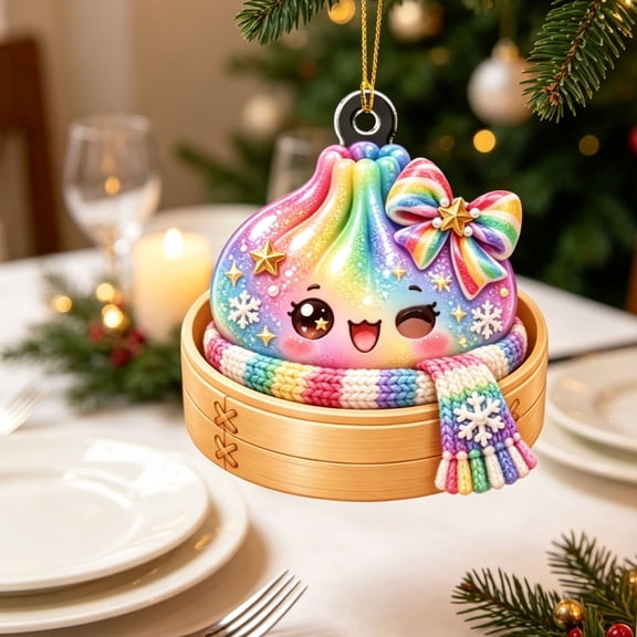 Christmas Dumpling Ornament Cute Bun Pendant Bao Hanging Decor Cute Expression Design and Glitter Finish Build for Christmas Tree Window Display and Home Party