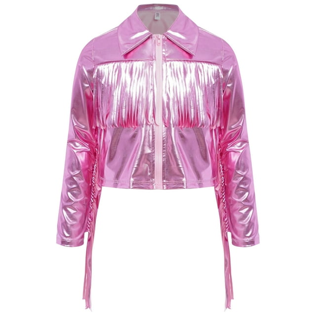 Lejafay Kids Girls Metallic Fringe Bomber Jacket Shiny Zipper Blazer Musical Party Performance Costume Pink 8