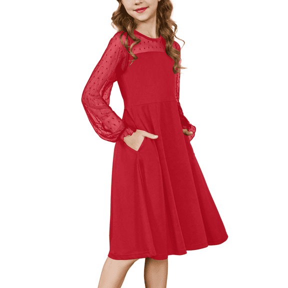 Oudiya Girls Mesh Puff Lantern Long Sleeve High Waist Formal A Line Light Blue Dress with Pockets for Kids 6-16 Years