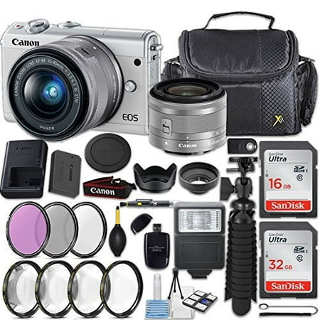 Canon EOS M100 24.2MP Mirrorless Digital Camera (White) + EF-M 15-45mm f/3.5-6.3 IS STM Lens (Silver) + 48GB Memory + Filters & Macros + Spider Tripod + Slave Flash + Professional Accessory (Compact Camera Macro Best)
