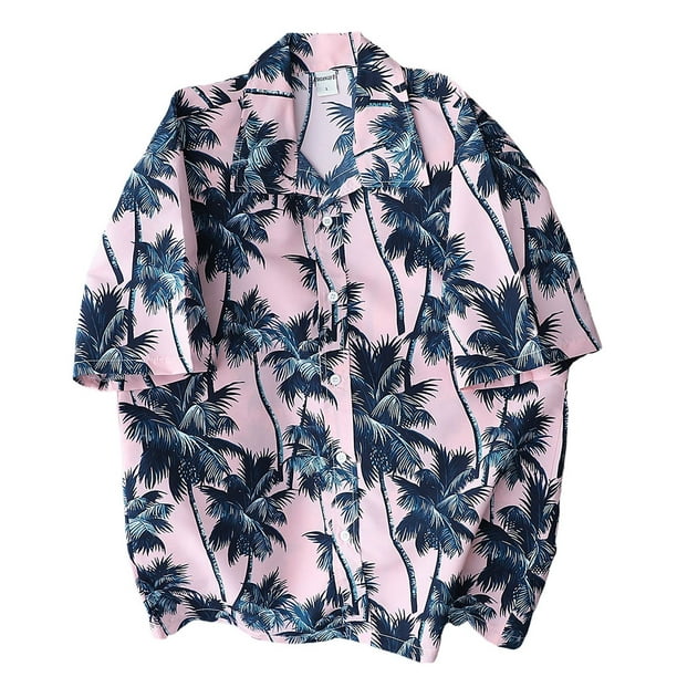 Sonducket Camisetas estampadas informales de manga corta para hombre, ropa holgada, camisas hawaianas, de gran tamaño, de un solo pecho, de Camisetas Rosa L