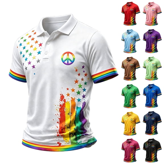 Men's Rainbow Peace Sign Polo Shirt with Colorful Star Splatter Graphic and Striped Cuffs Featuring Classic Collar Short Sleeves Black L