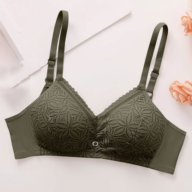 LOVZFMLL Bras for Women Woman's Solid Color Lace Thin Style Ventilate Back Buckle Bra Steel Rim Army Green 34/75AB