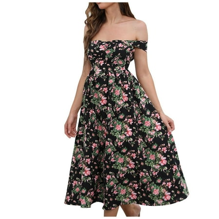 

Ziloco Short Sleeve Off-The-Shoulder Dress Corset Dress Woman Fashion Solid Sling And Sleeve Short Sleeve Long Skirt High Waist Dress Womens Summer Dresses