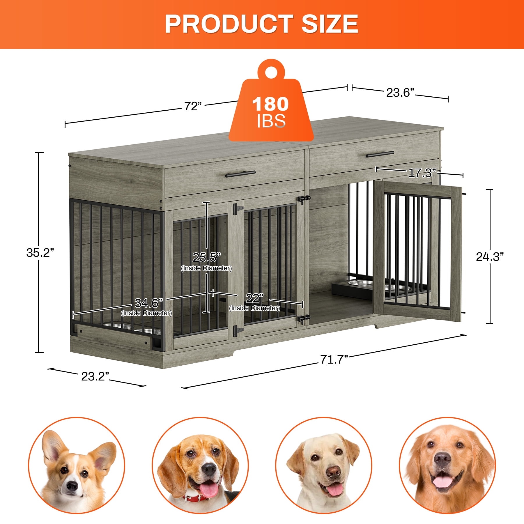 Rophefx 72" Dog Crate Furniture for 2 Dogs,Large Kennel with 2 Drawers and 4 Bowls,Wooden Heavy Duty Indoor Dog House,Grey