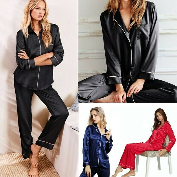 Women Lady Silk Satin Pajamas Set Pyjama Sleepwear Nightwear Loungewear  Homewear 