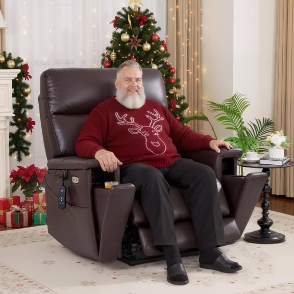MCombo 450LB Oversized Dual Motor Power Lift Recliner Chair for Big Tall Elderly, Hidden Cup Holders, Faux Leather, Dark Brown