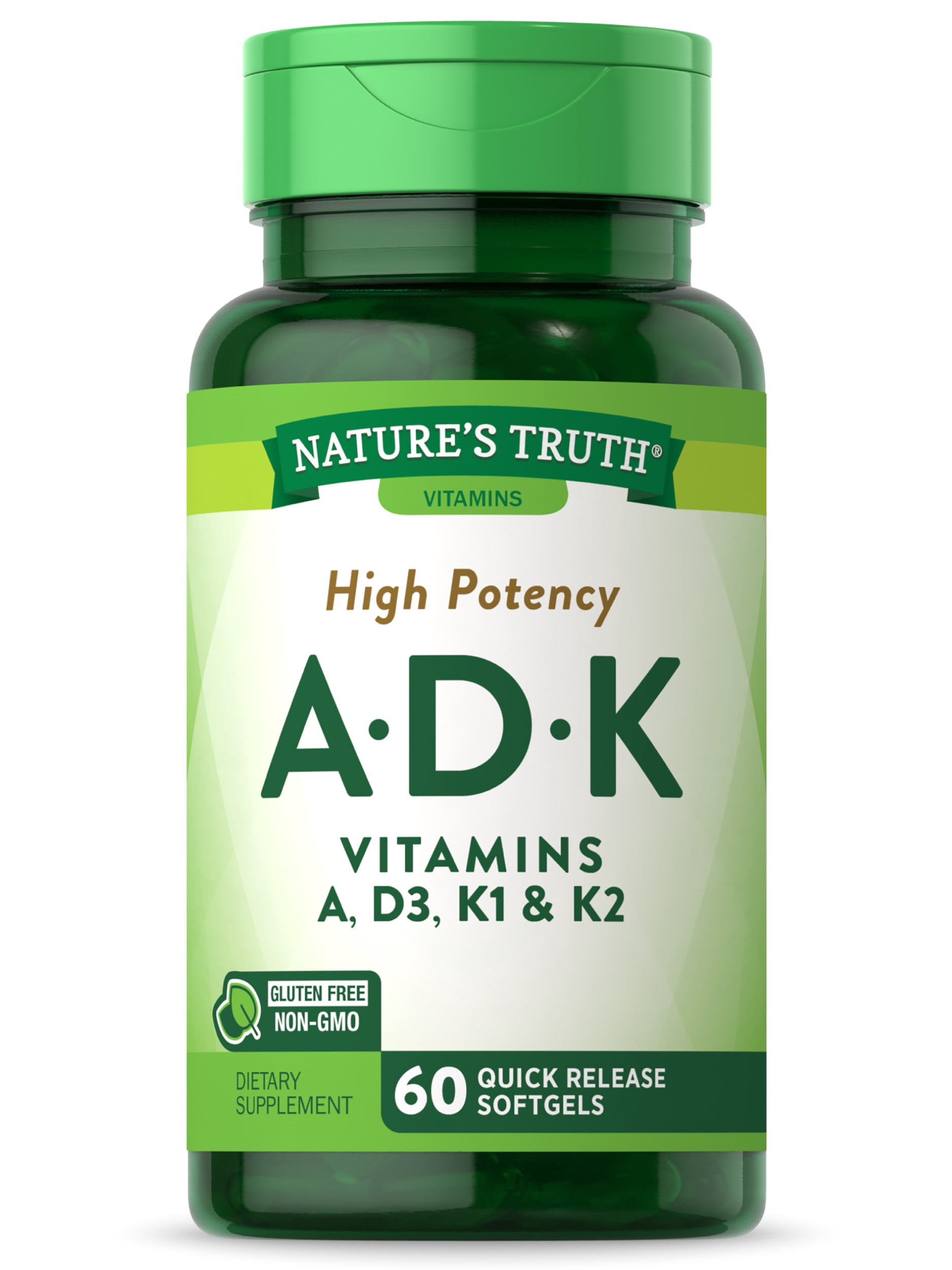 Vitamin A D K Supplement | 60 Softgels | Non-GMO & Gluten Free | A, D3, K1 & K2 | by Nature's Truth