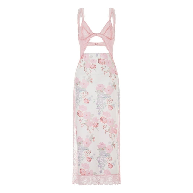 Faithtur Robe Longue Moulante pour Femme à Imprimé Floral en Dentelle Patchwork Découpes Col en V Sans Manches Robe d'Été Fendue Dos Nu Robe de Soirée