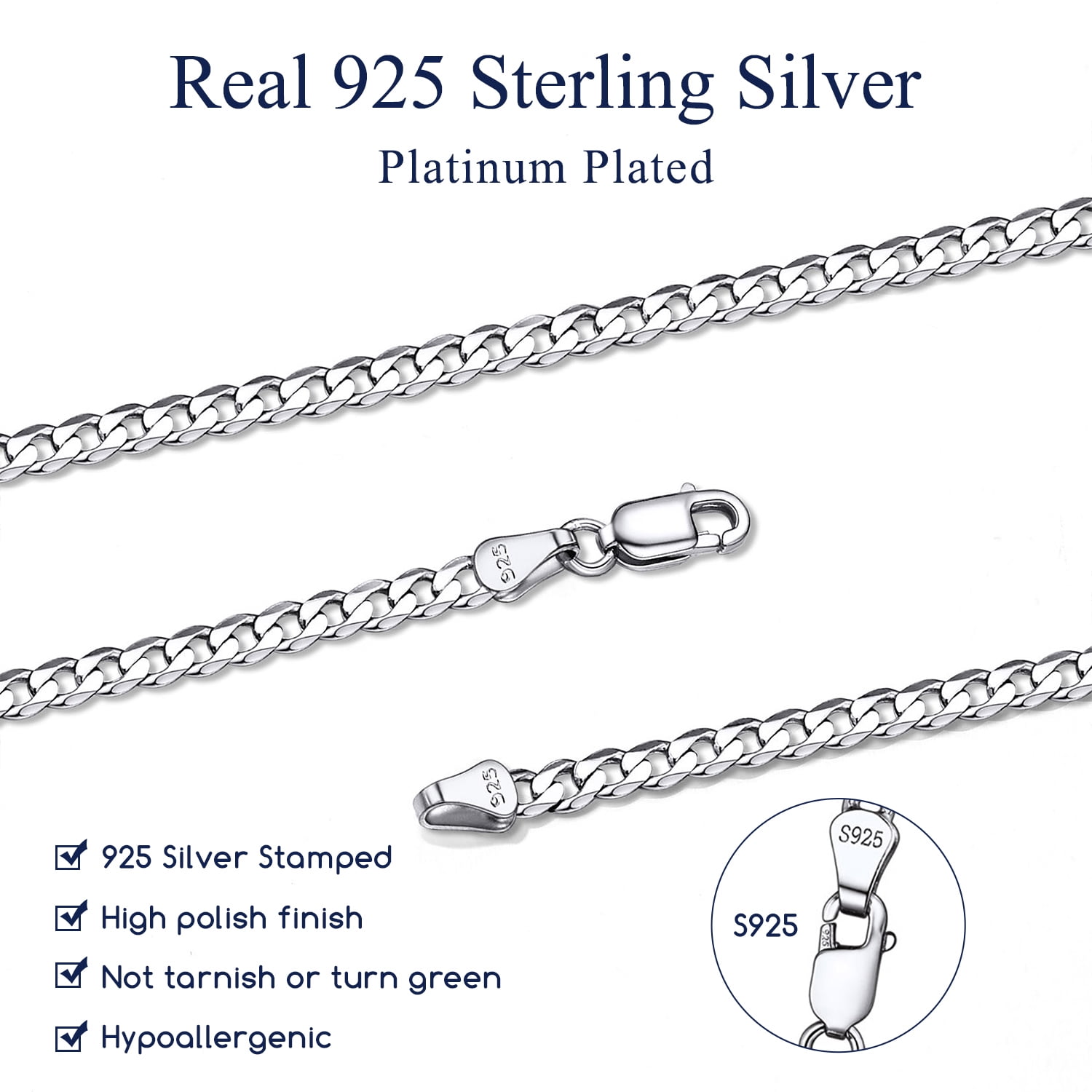 Suplight Solid 925 Sterling Silver Chain Necklace 3mm Flat Curb Cuban Link Chain Jewelry Gift for Men Women