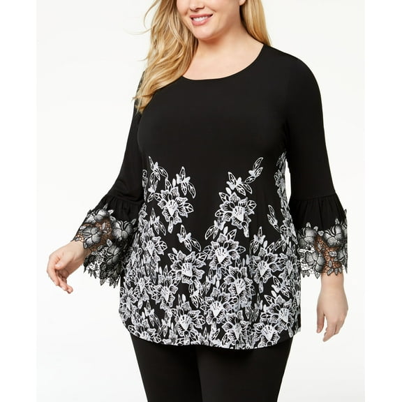 Alfani Plus Size Printed Applique Cuff Top Black Ombre Azlea 0X