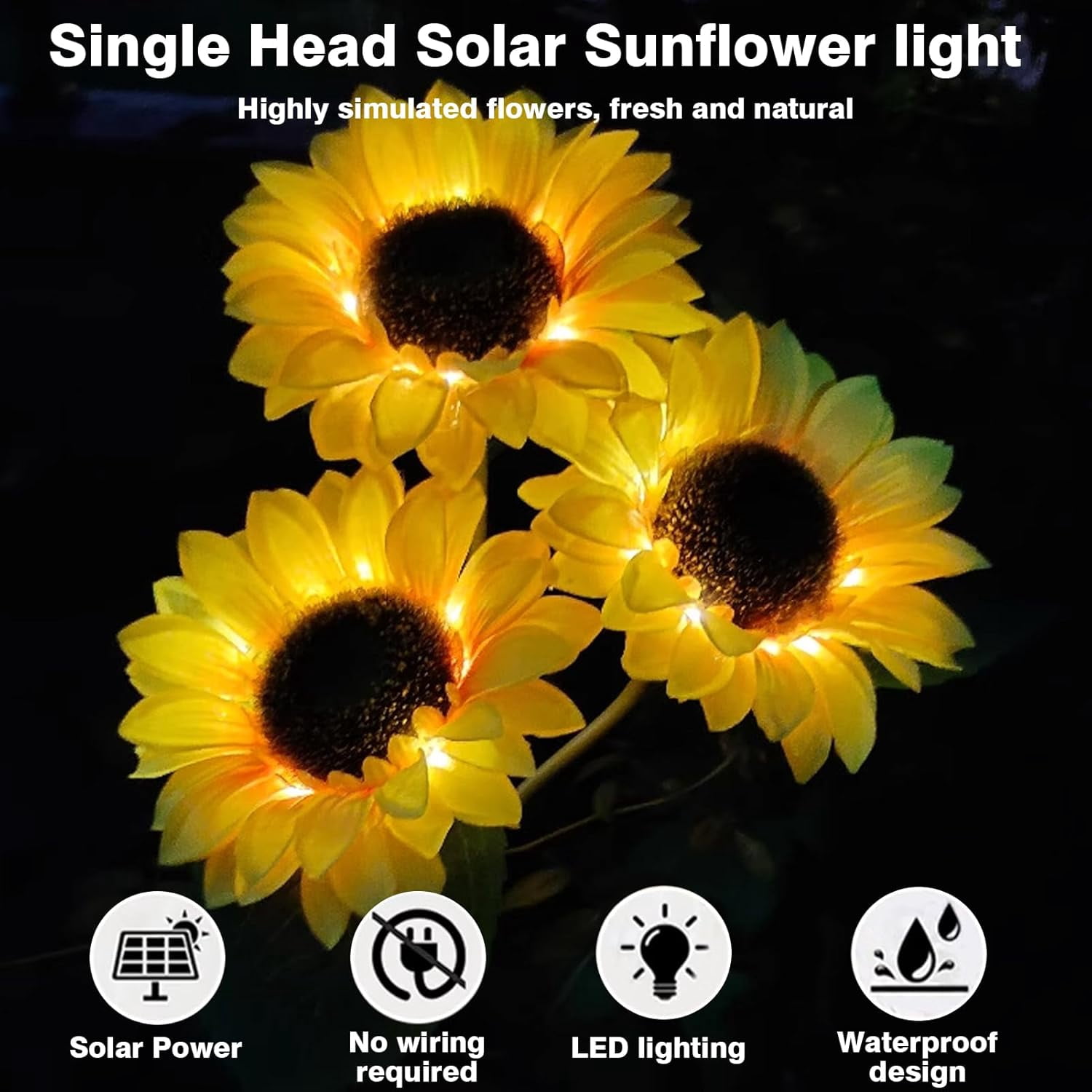 3 Head Solar-Powered Sunflower Lights - High - Simulation, IP44 Waterproof, Ideal for Outdoor Decoration,3 pack