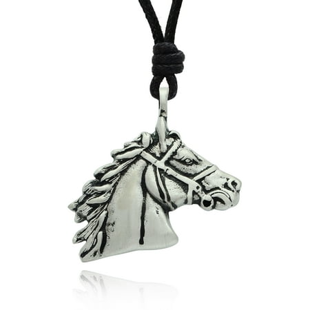 Double Horse Head Pendant - Horse Head Riding Equestrian Silver Pewter Charm Necklace Pendant Jewelry With Cotton Cord