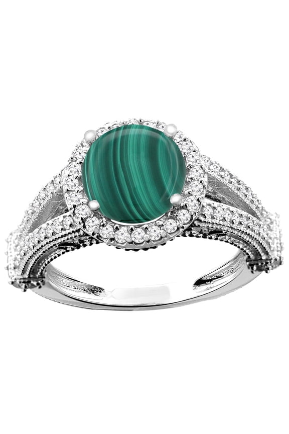 10K White Gold Natural Malachite Ring Round 8mm Diamond Accent, size 9