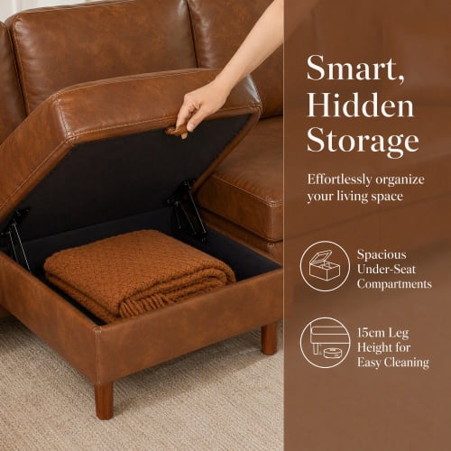 120" U-Shaped Sectional Sofa with 2 Removable Storage Ottomans, Faux Leather Couch, Breathable PU Leather, Solid Wood Frame, Vintage Brown