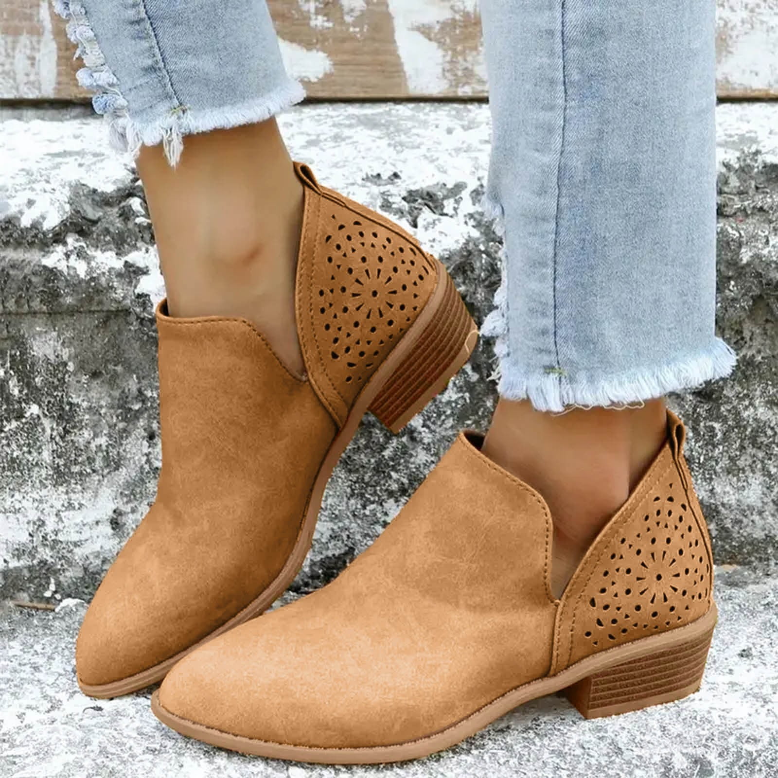 Dakaela Ankle Boots for Women Casual Slip on Loafers Chunky Low Heel Dress Shoes Cut out Work Booties