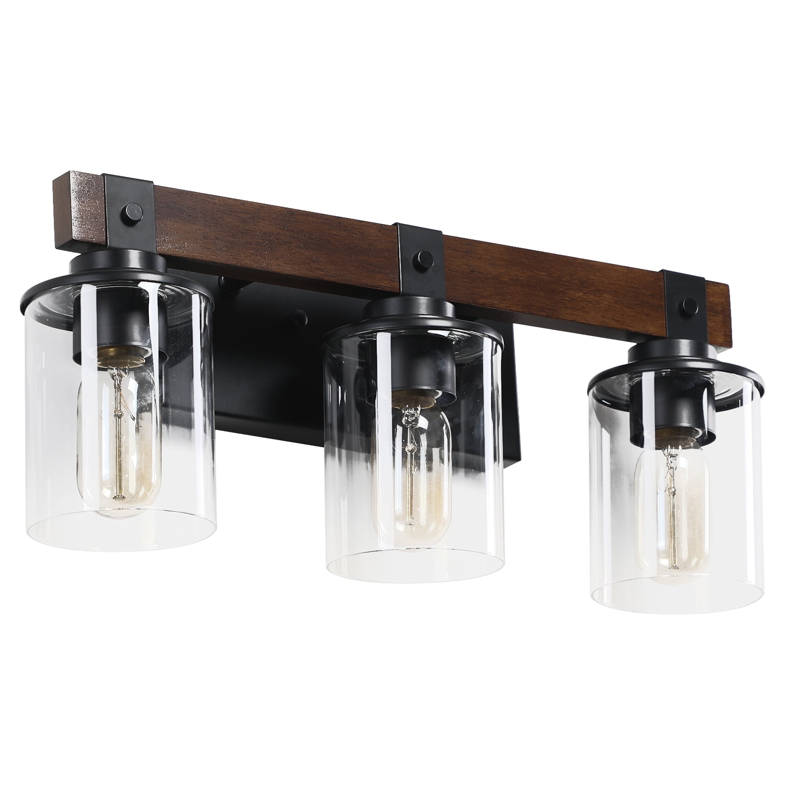 HomArltek Rustic Vanity Light, 19" 3-Light Wall Mount Lamp with Glass Shades, Farmhouse Wall Sconce with Wood Accent, Industrial Lighting Fixture for Bathroom Mirror Vanity Hallway, E26 Base