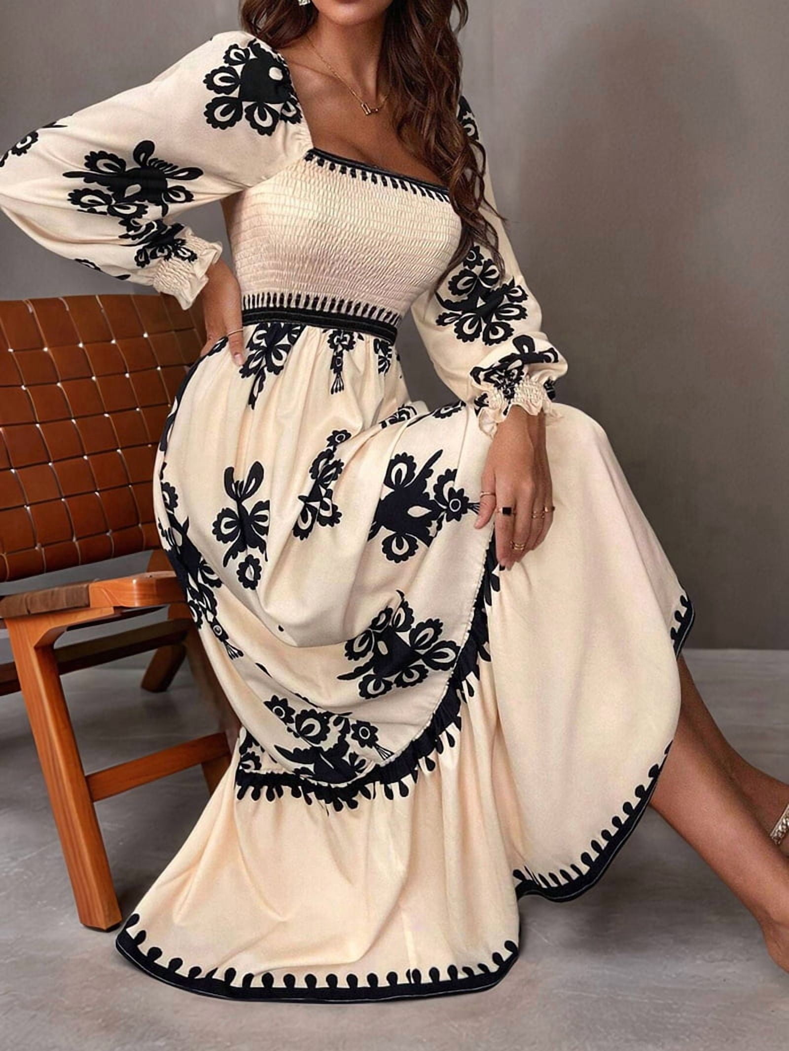 Women'S Autumn Wedding Guest Dress Bohemian Floral Long Sleeve V-Neck Flowing Elegant Maxi Dress Beachwear S