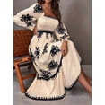thumbnail image 6 of Women'S Autumn Wedding Guest Dress Bohemian Floral Long Sleeve V-Neck Flowing Elegant Maxi Dress Beachwear Apricot S, 6 of 8