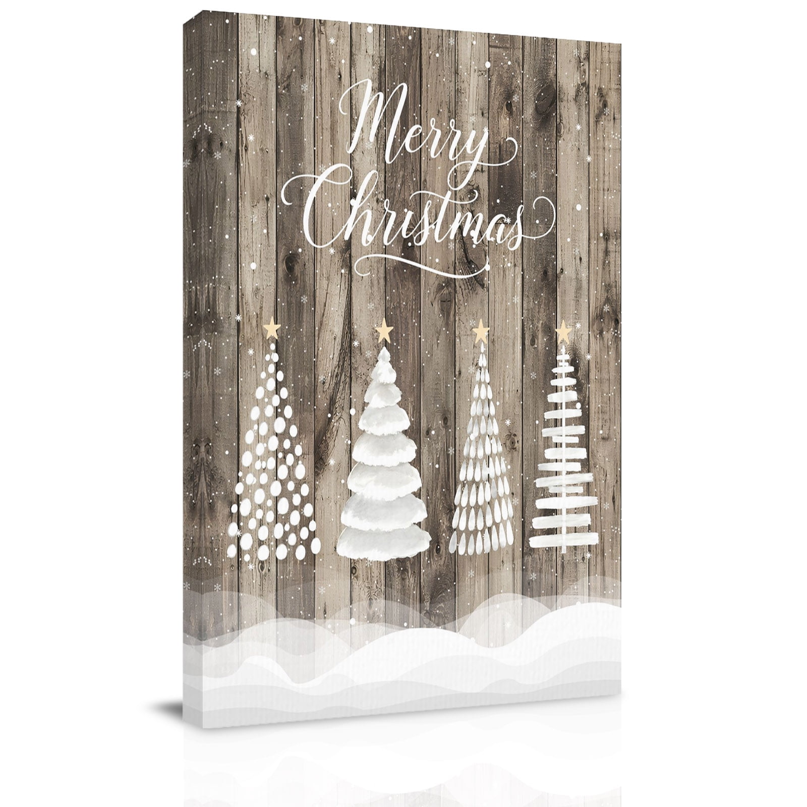 Canvas Wall Art Merry Christmas Framed Canvas Prints for Living Room Office Xmas Trees Snowflake Snowy Wooden Brown Large Gallery Wrapped Wall Decor for Home Office Gifts 16 x24 Ship Next Day