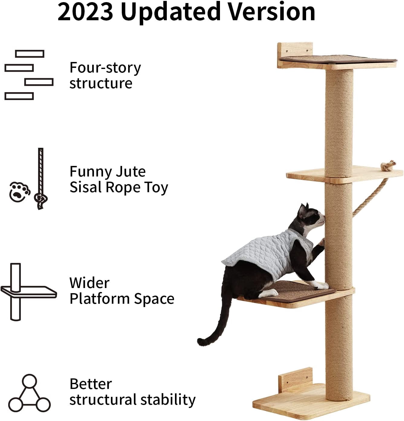 Cat Scratching Activity Tree Wall Mounted, 50 Inch Cats Scratch Post, with Kitten Bed, Rubber Wood Scratcher Posts, Large