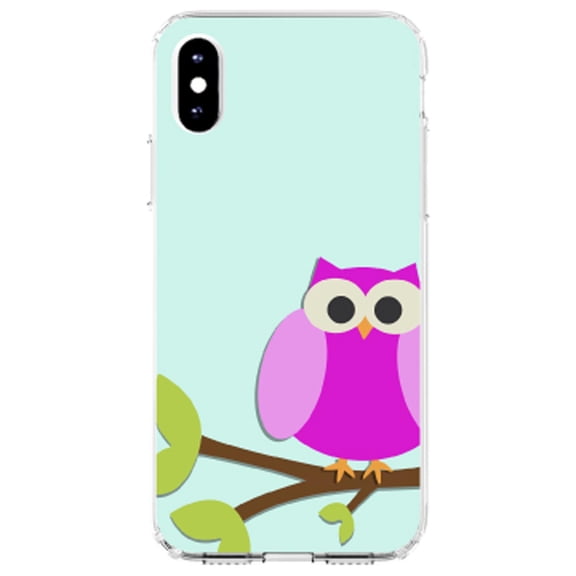 DistinctInk Clear Shockproof Hybrid Case for iPhone XS Max (6.5" Screen) - TPU Bumper, Acrylic Back, Tempered Glass Screen Protector - Pink Owl Cartoon - Cartoon Owls