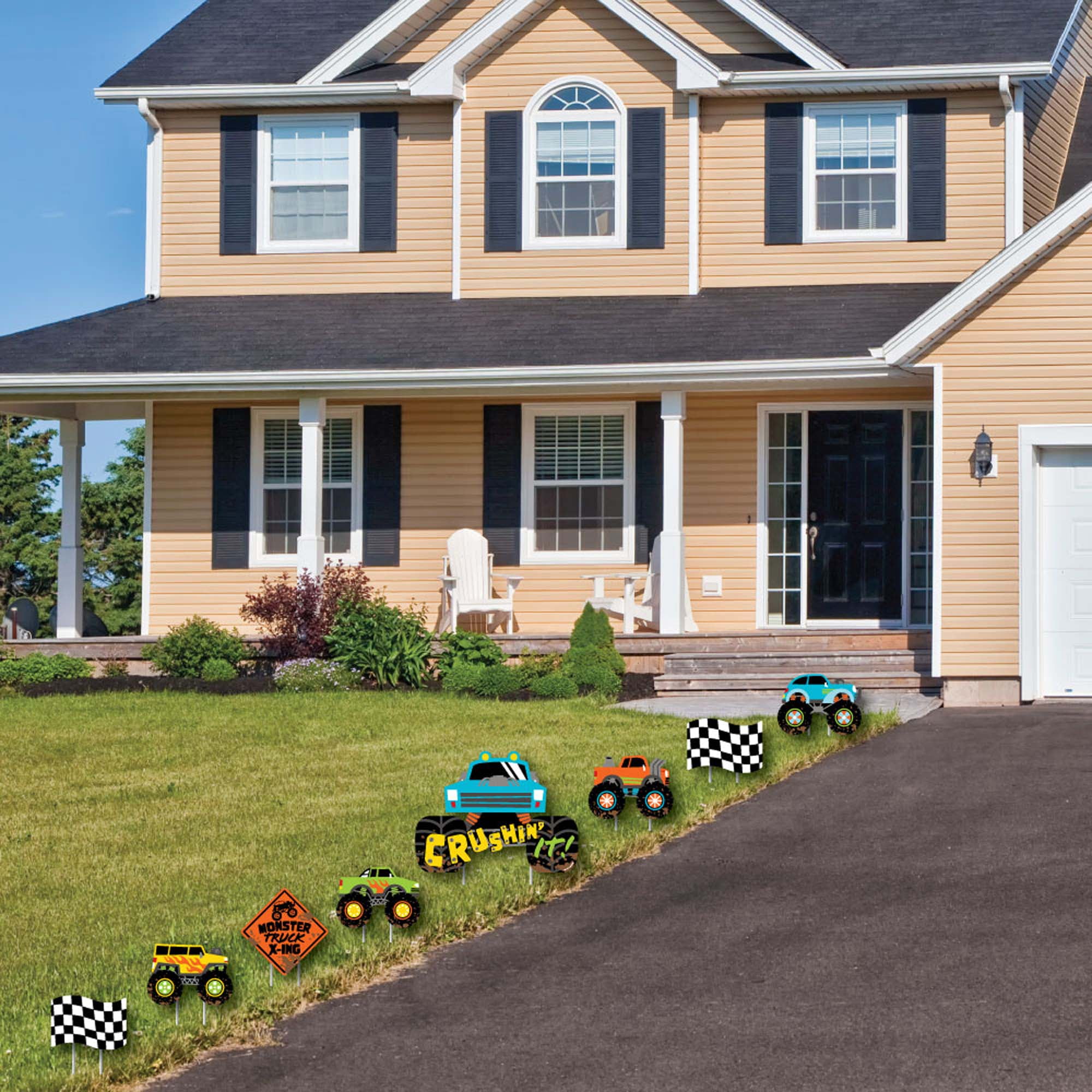 Big Dot of Happiness Smash and Crash - Monster Truck - Yard Sign and Outdoor Lawn Decorations - Boy Birthday Party Yard Signs - Set of 8