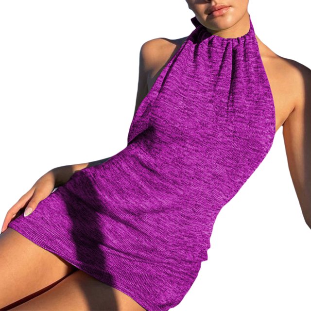 goowrom Women Summer Knitted Solid Color Tied Neck Backless Dress