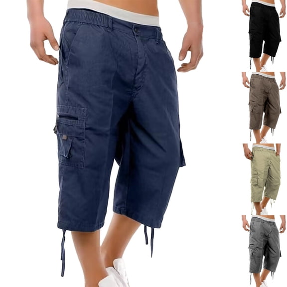 FRSASU Men's Below Knee Shorts Bermuda Cargo Shorts Baggy Casual Elastic Waist Hiking Pants with Multi-Pockets Khaki