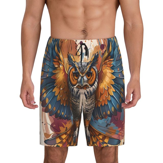 Balery Colorful Owl Tattoo Art Pantalones cortos de pijama de punto de algodón para hombre con cinturilla y bolsillos-Medium