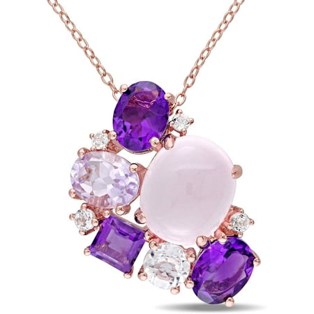 Tangelo 11-1/5 Carat T.G.W. Rose Quartz, Amethyst and Rose de France with White Topaz Rose Rhodium over Sterling Silver Cluster Pendant, 18