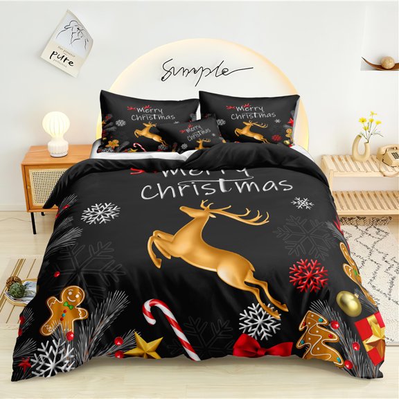 Move Over Christmas Duvet Cover Set Boys Girls Bedding Sets Queen Gold Deer Snowflake Pattern Microfiber No Filling
