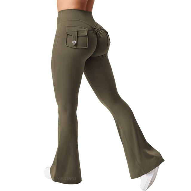 Leggins YEOREO Brittany Flare con bolsillos para mujer, color verde militar, talla XS