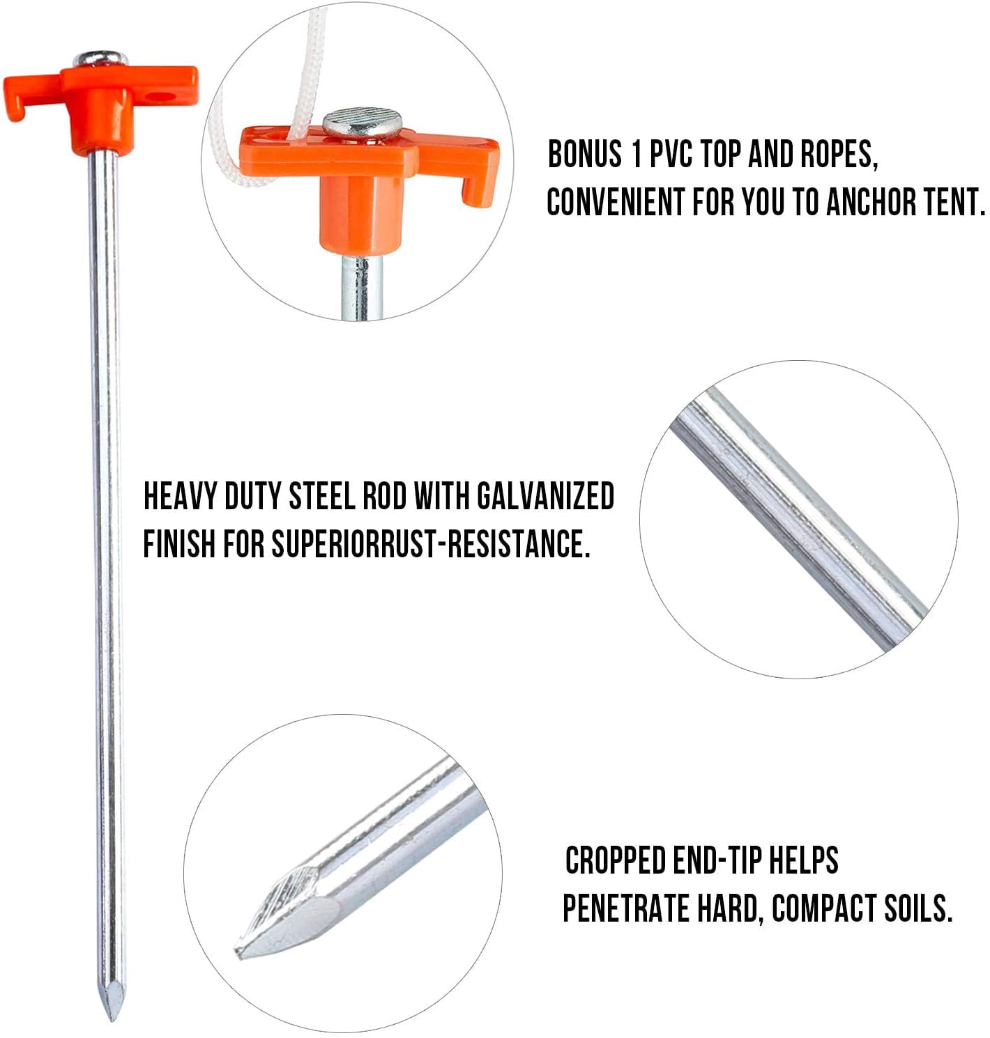 HRTGFD-11 Inch Tent Stakes 10 Pcs Non-Rust Metal Ground Anchors, Heavy Duty Spikes with 4 Ropes for Outdoor Camping, Orange