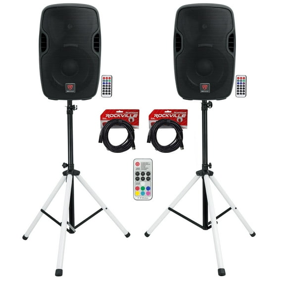 (2) Rockville BPA10 10" Powered 400w DJ PA Speakers wBluetooth LED Stands Cables