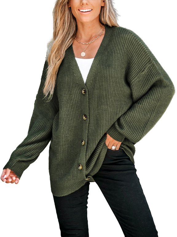 Women's Forest Green V-Neck Buttoned Cardigan