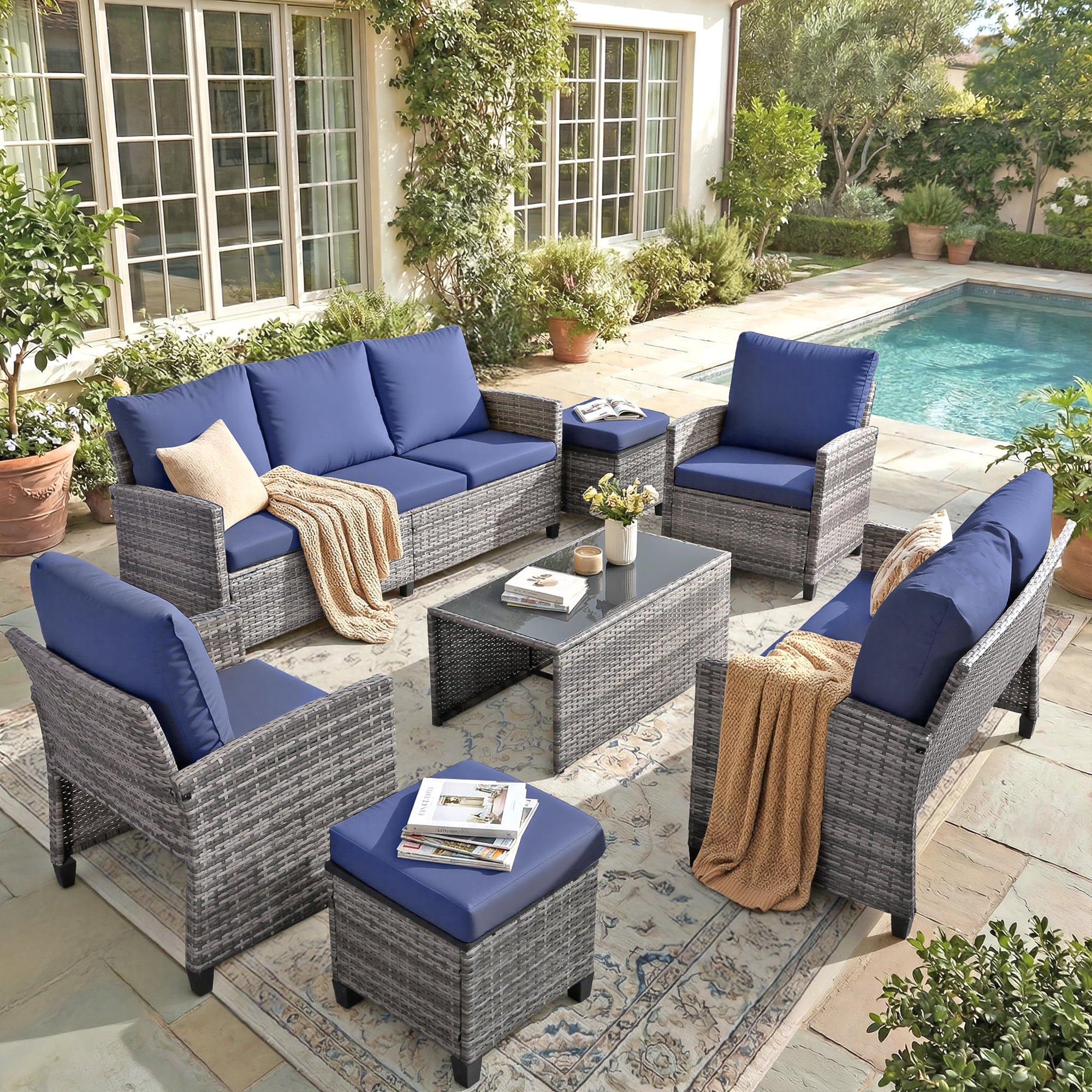 FHFO 7 Piece Outdoor Patio Furniture Sets Wicker Conversation Set PE Rattan Sectional Sofa Couch with Ottomans, and Coffee Table for Backyard, Porch and Garden(gray&Blue)