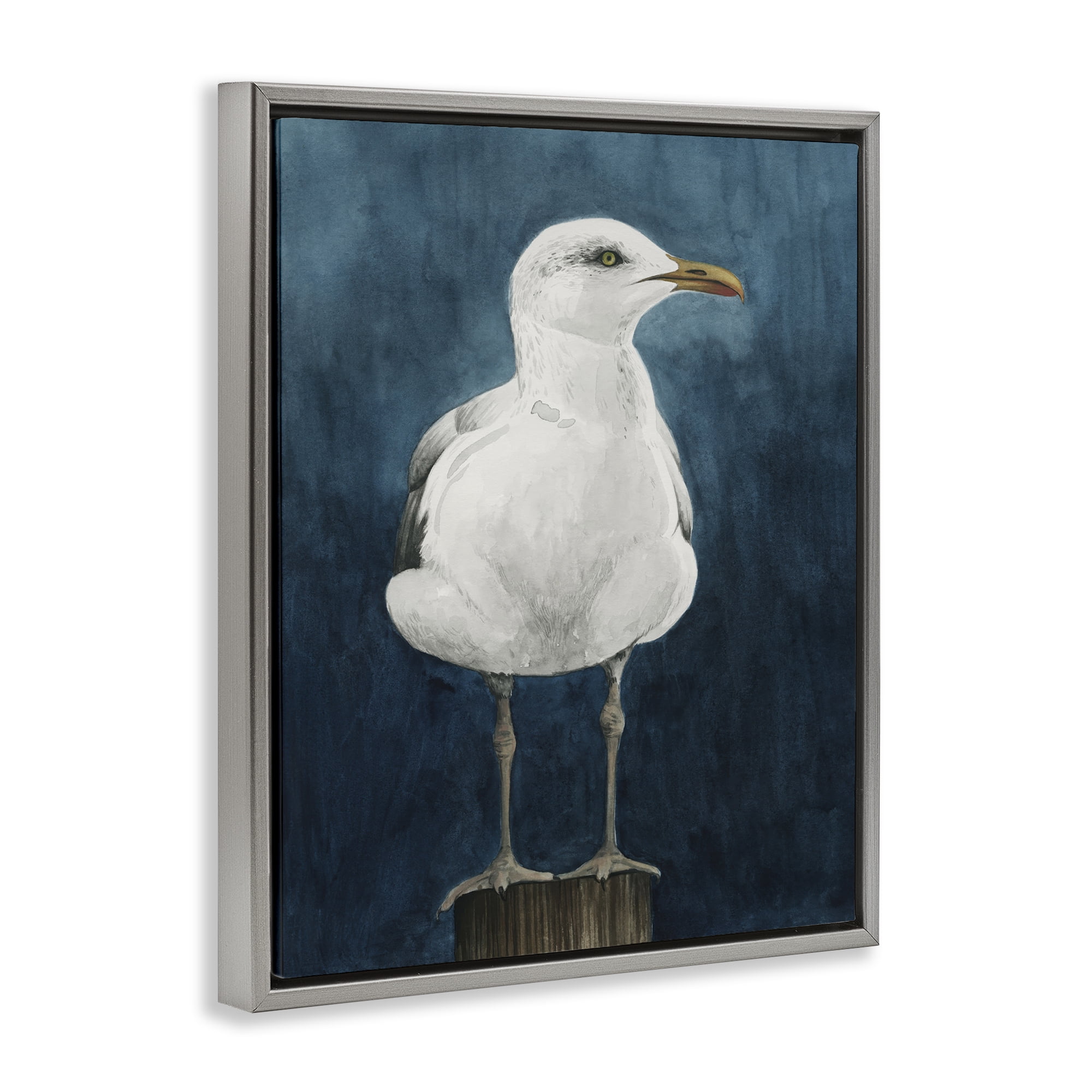 Stupell Industries Seagull Perched over Blue Animals Painting Gray Floater Framed Canvas Art Print Wall Art, 17 x 21