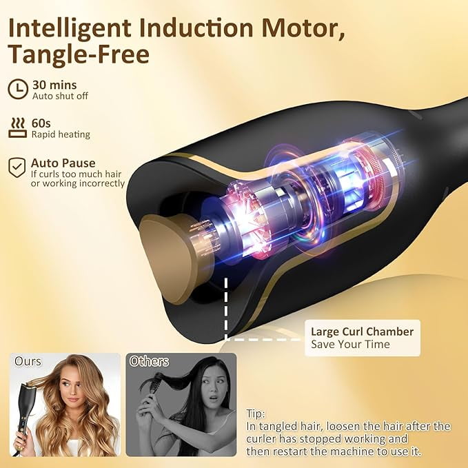 RKXQT Automatic Curling Iron, Hair Curler 1" Large Slot, 4 Temperature Settings, 12s-19s Timers, Dual Voltage, Anti-Scald, Anti-Tangle, Auto Shut-Off, LCD Display, Fast Heating Easy for Use, Black